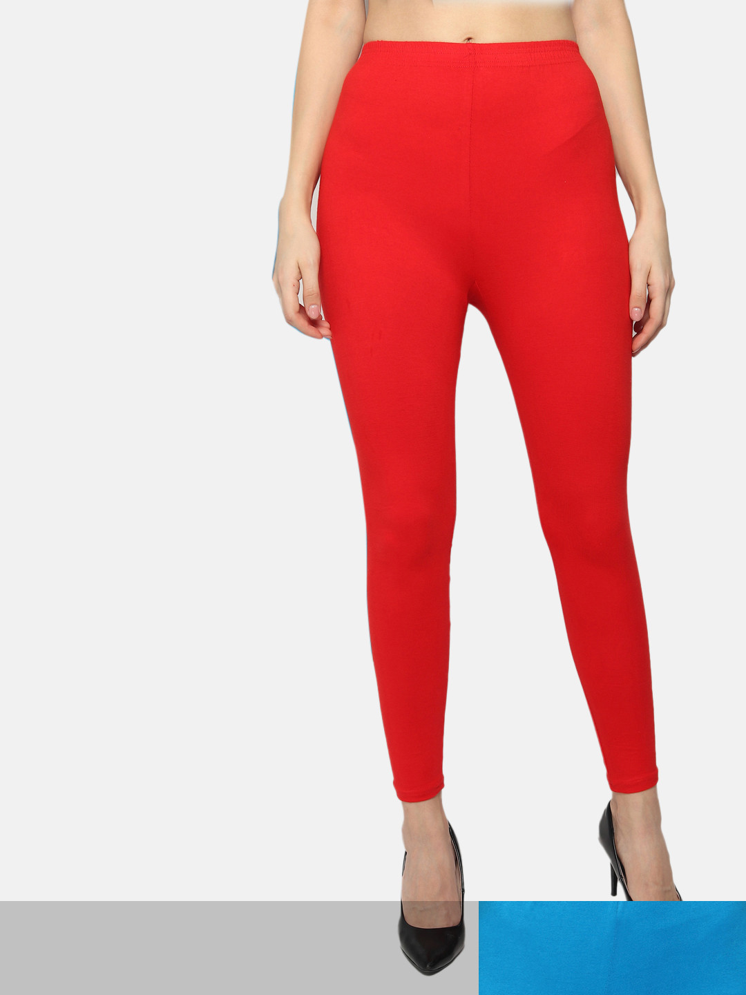 KEX Women Pack Of 2 Red & Sky Blue Solid Leggings