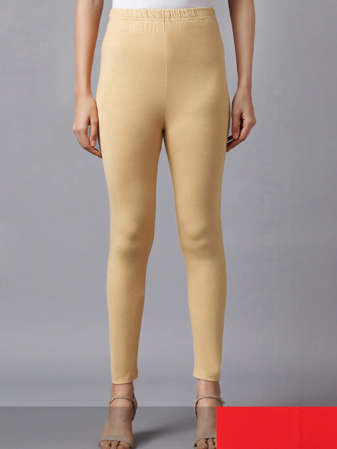 KEX Women Pack of 2 Red & Beige Solid Cotton Ankle-Length Leggings