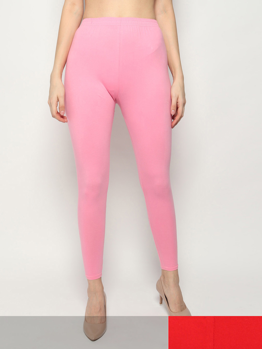 KEX Women Pack Of 2 Red & Pink Solid Cotton Ankle-Length Leggings