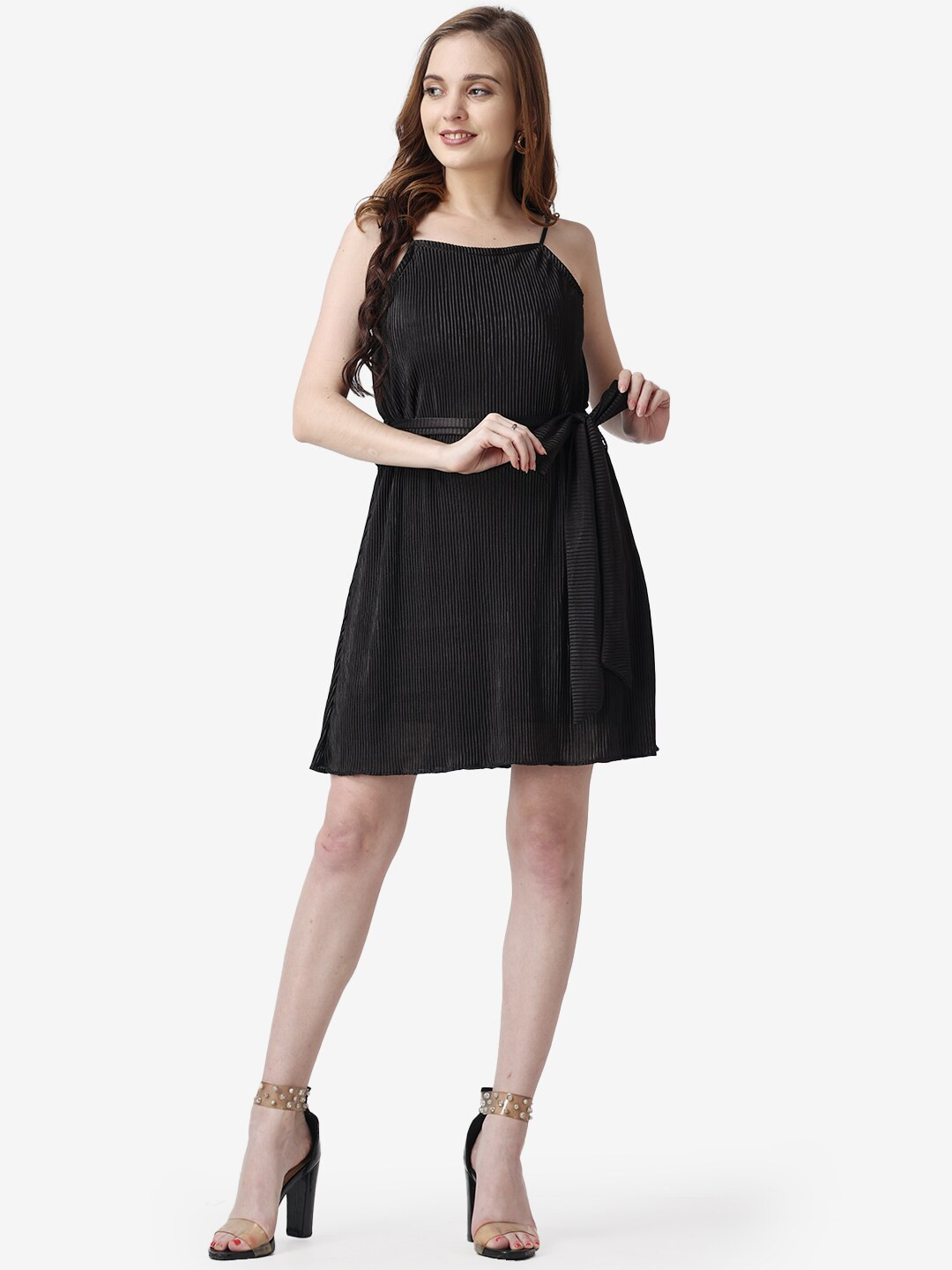 Popwings Black Solid Accordion Pleated Belt Dress