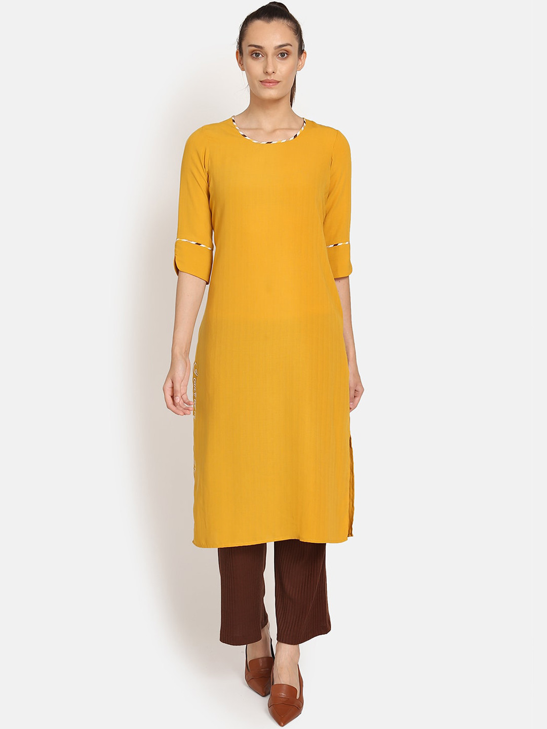 OFFICE & YOU Women Yellow Solid Side Slit Kurta