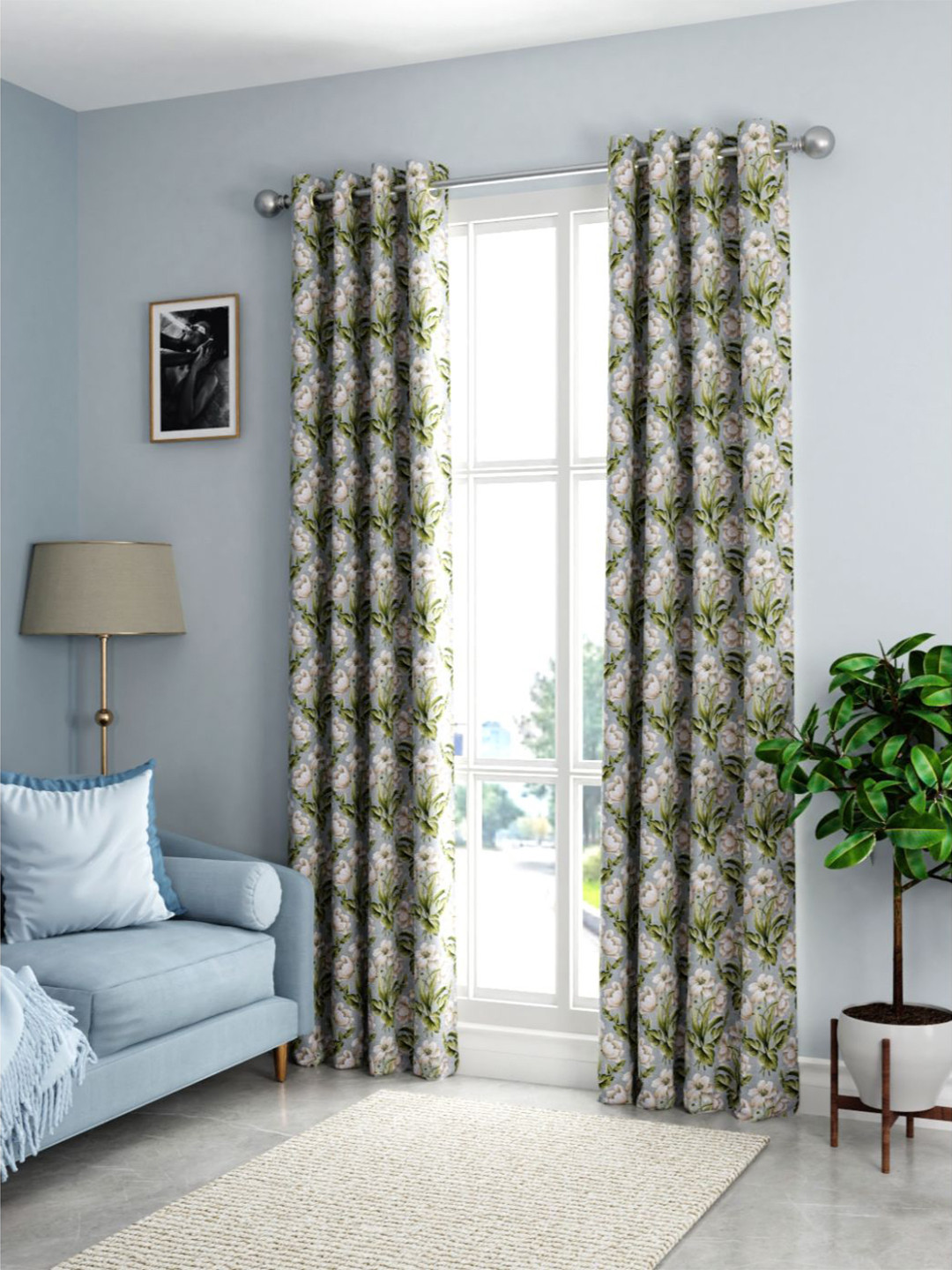 KOPA Grey & Green Set of 2 Floral Printed Door Curtains