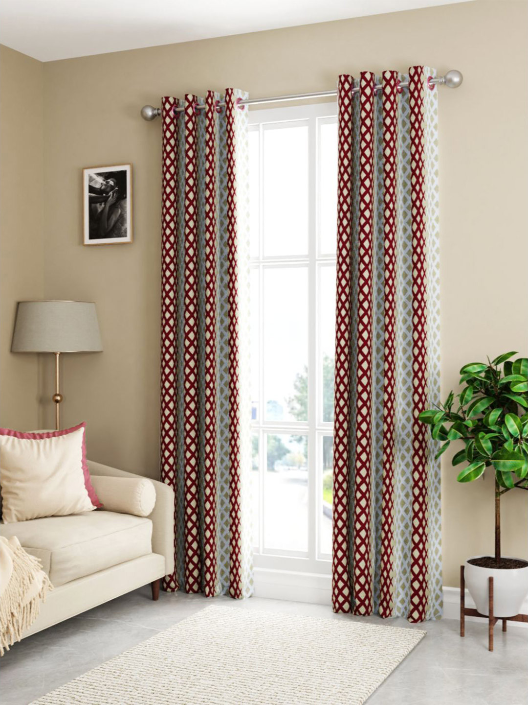 KOPA Beige & Maroon Set of 2 Geometric Door Curtain
