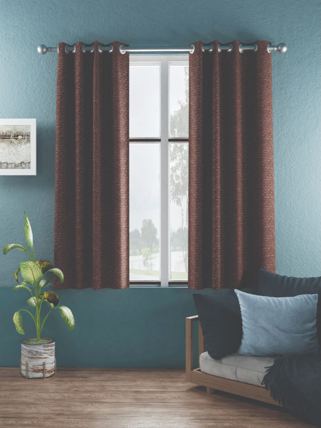 BIANCA Brown Set of 2 Striped Room Darkening Blackout Eyelet Window Curtain