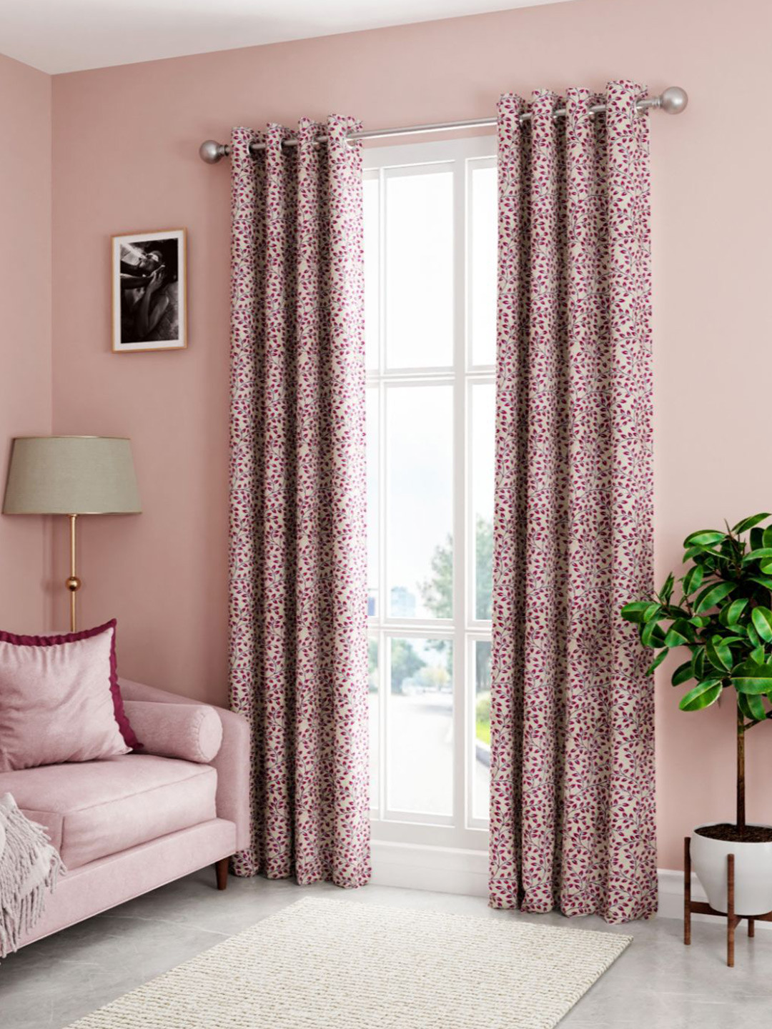 KOPA Set of 2 Beige & Maroon Floral Printed Door Curtains