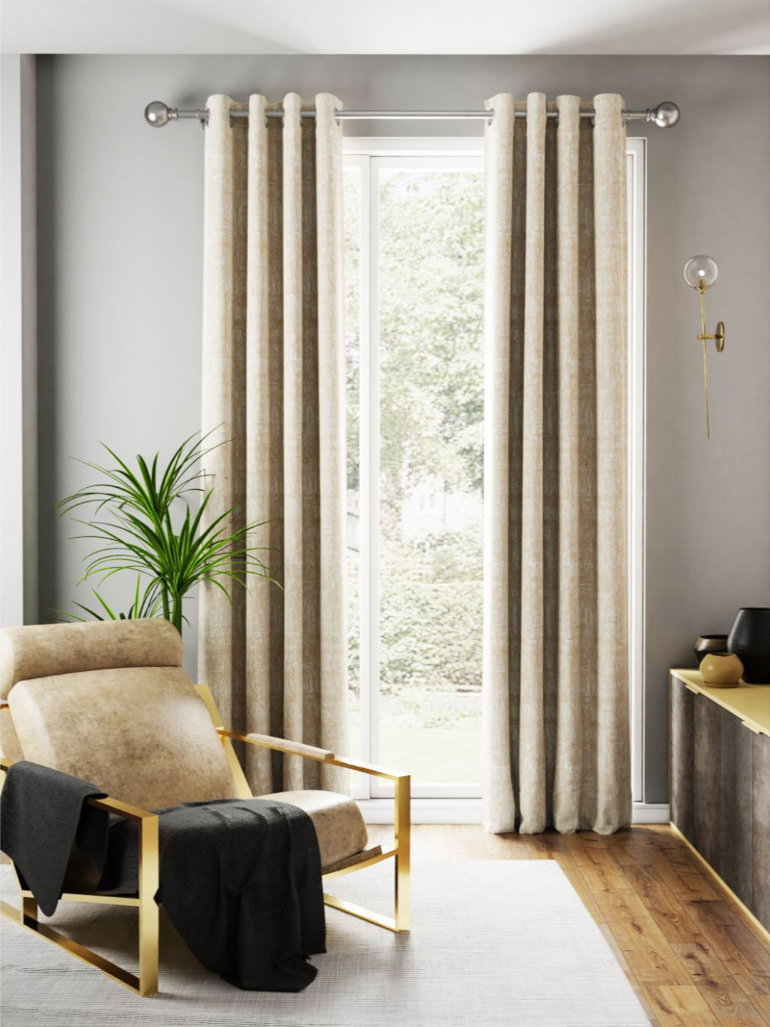 BIANCA Gold-Toned & Beige Set of 2 Printed Room Eyelet Darkening Door Curtain