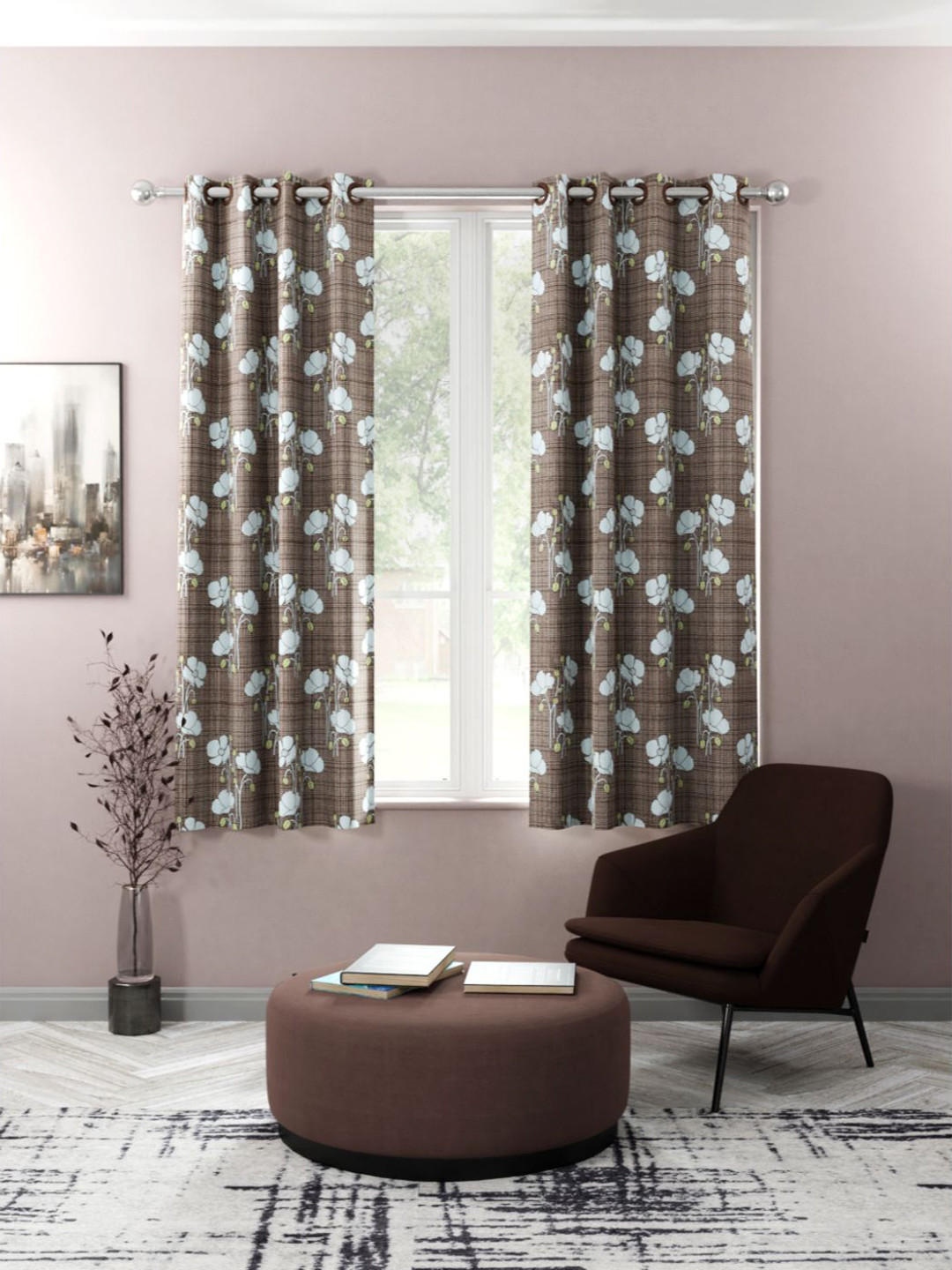 KOPA Brown And Off White Set of 2 Floral Print Light Filtering Window Curtain