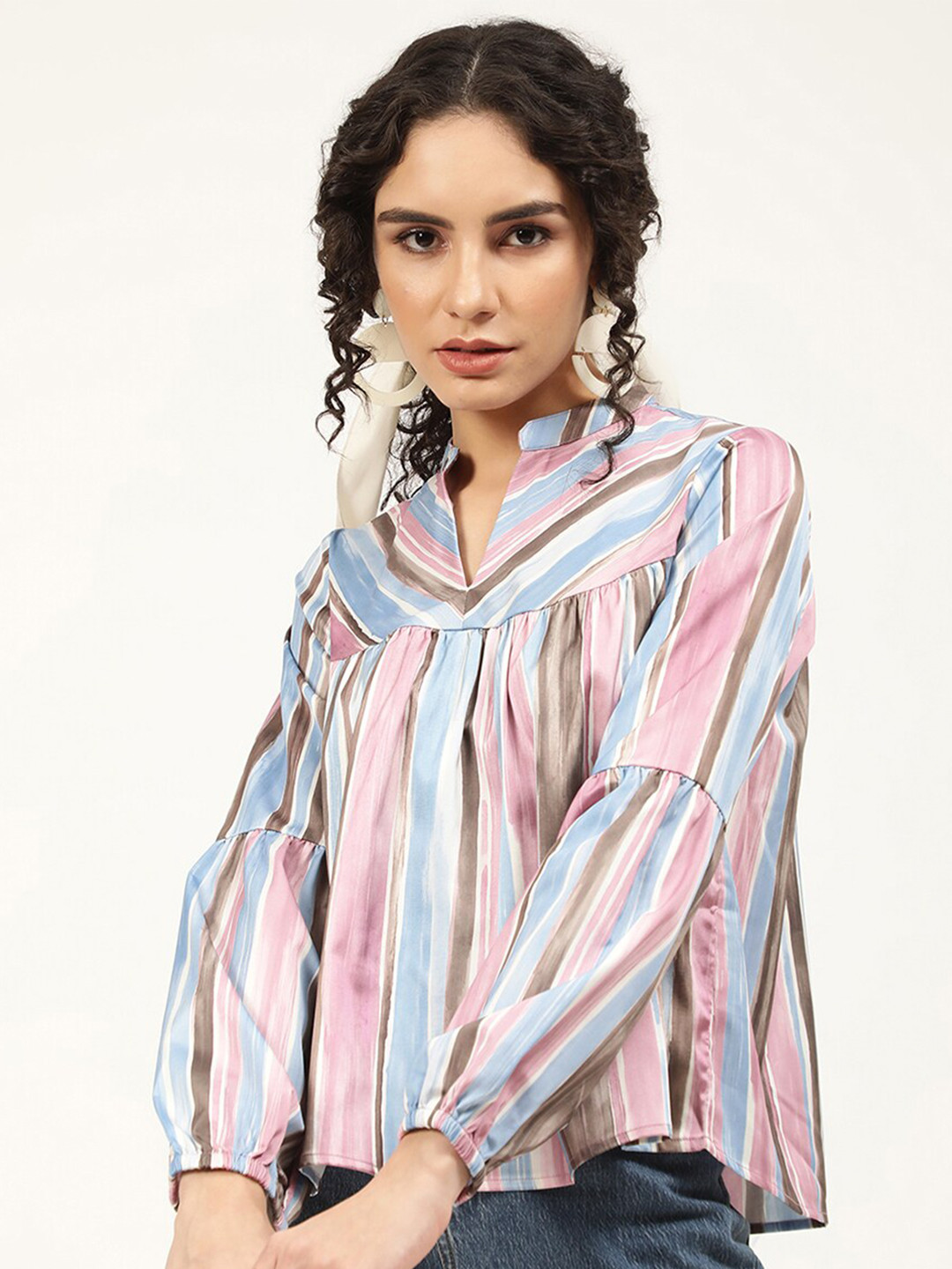 CENTRESTAGE Women Multicoloured Striped Mandarin Collar Pure Cotton Top