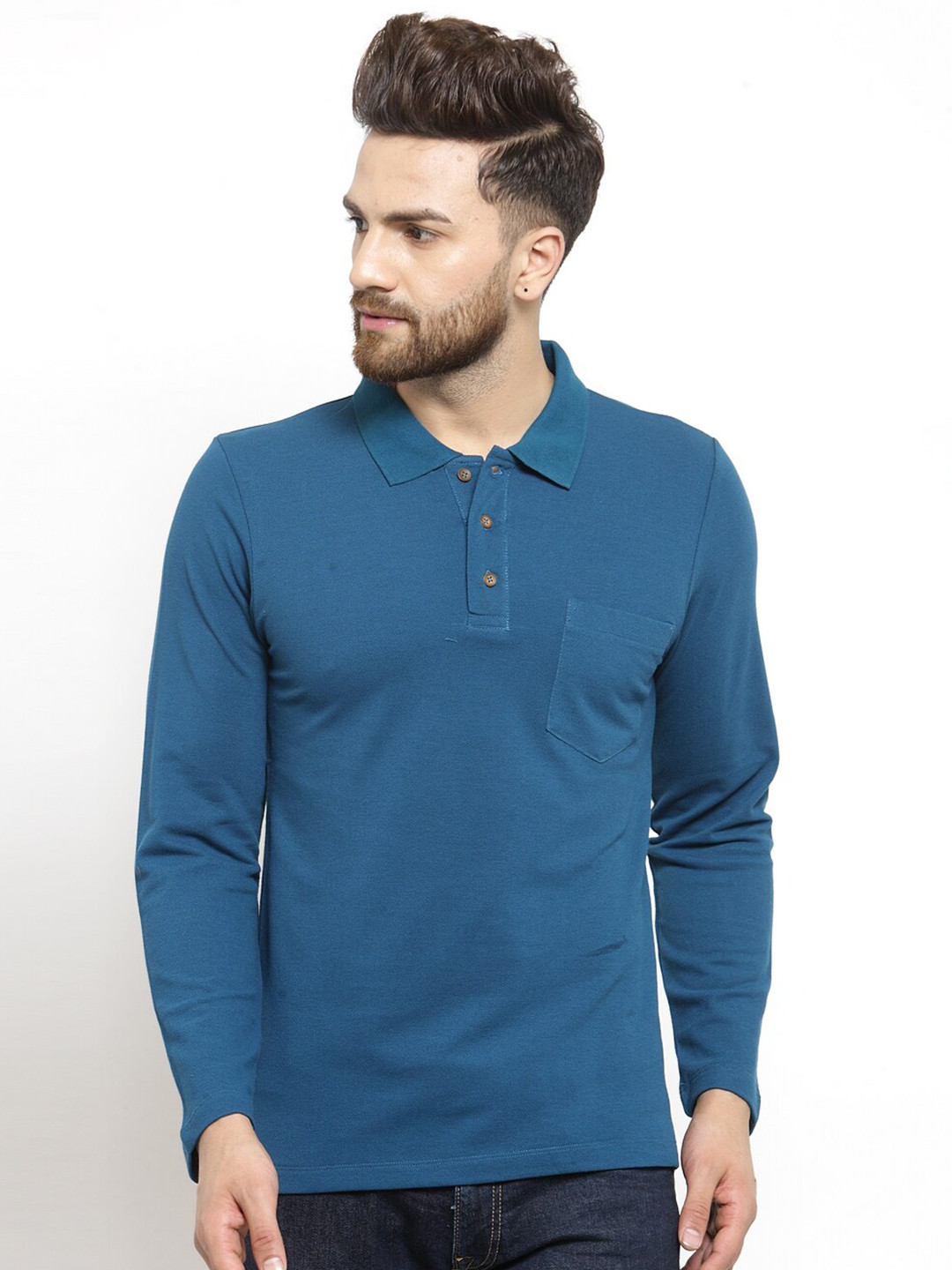 Kalt Men Teal Blue Solid Polo Collar T-shirt