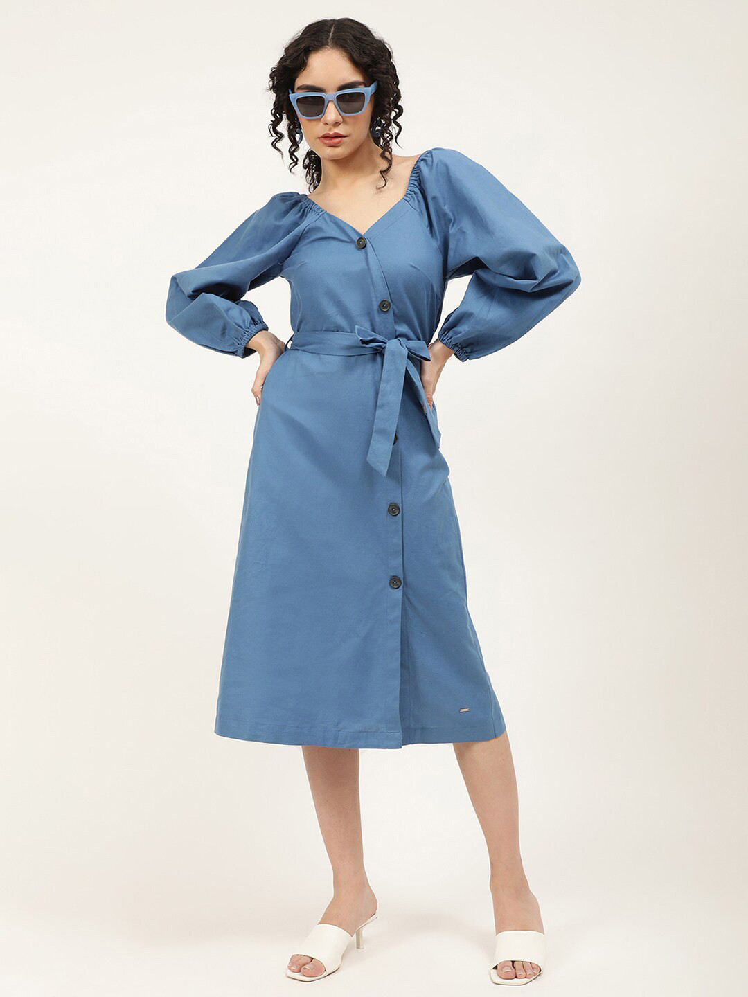 ELLE Blue Solid Midi Dress