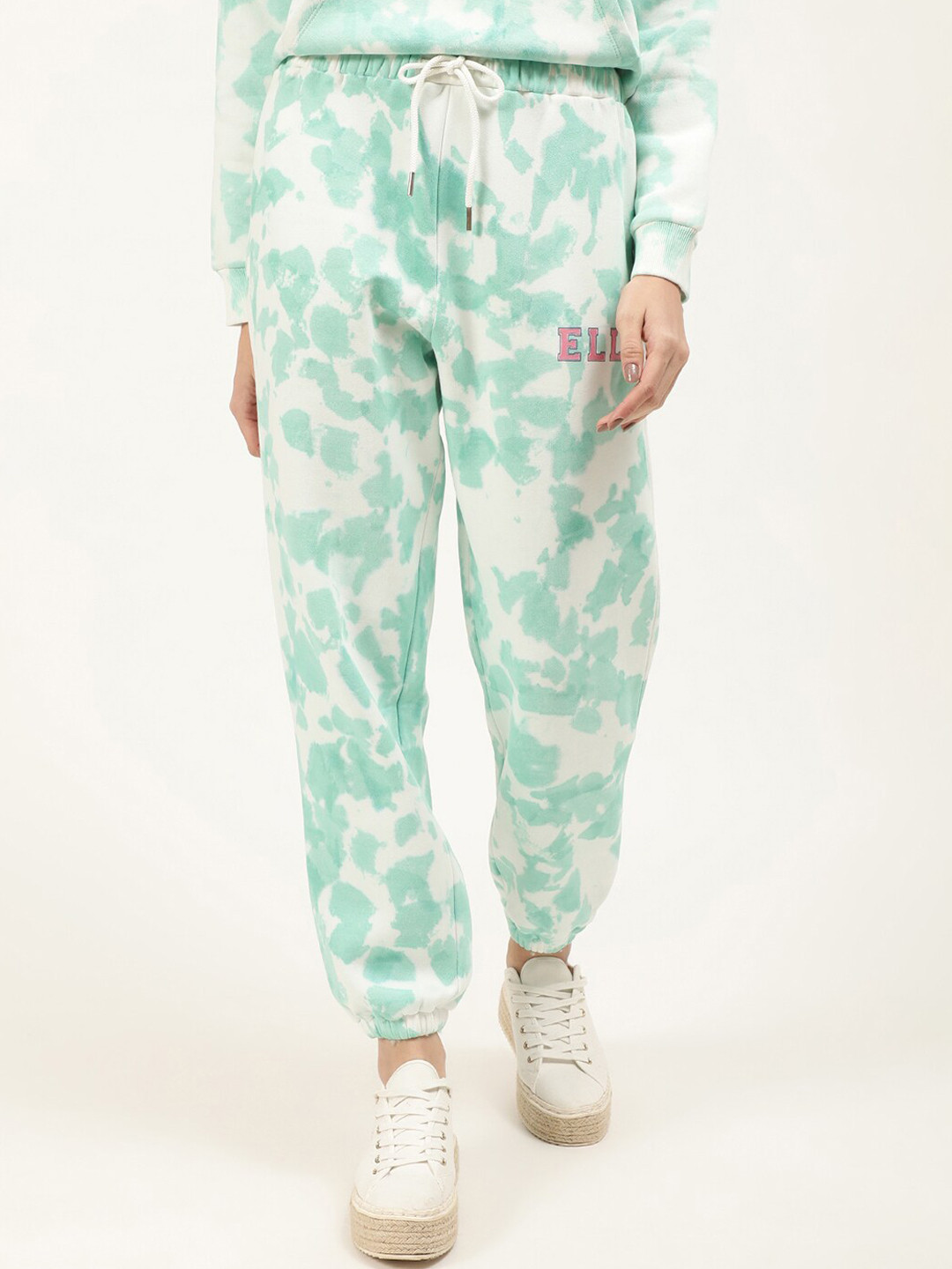 ELLE Women Teal And White Tie & Dye Printed Joggers