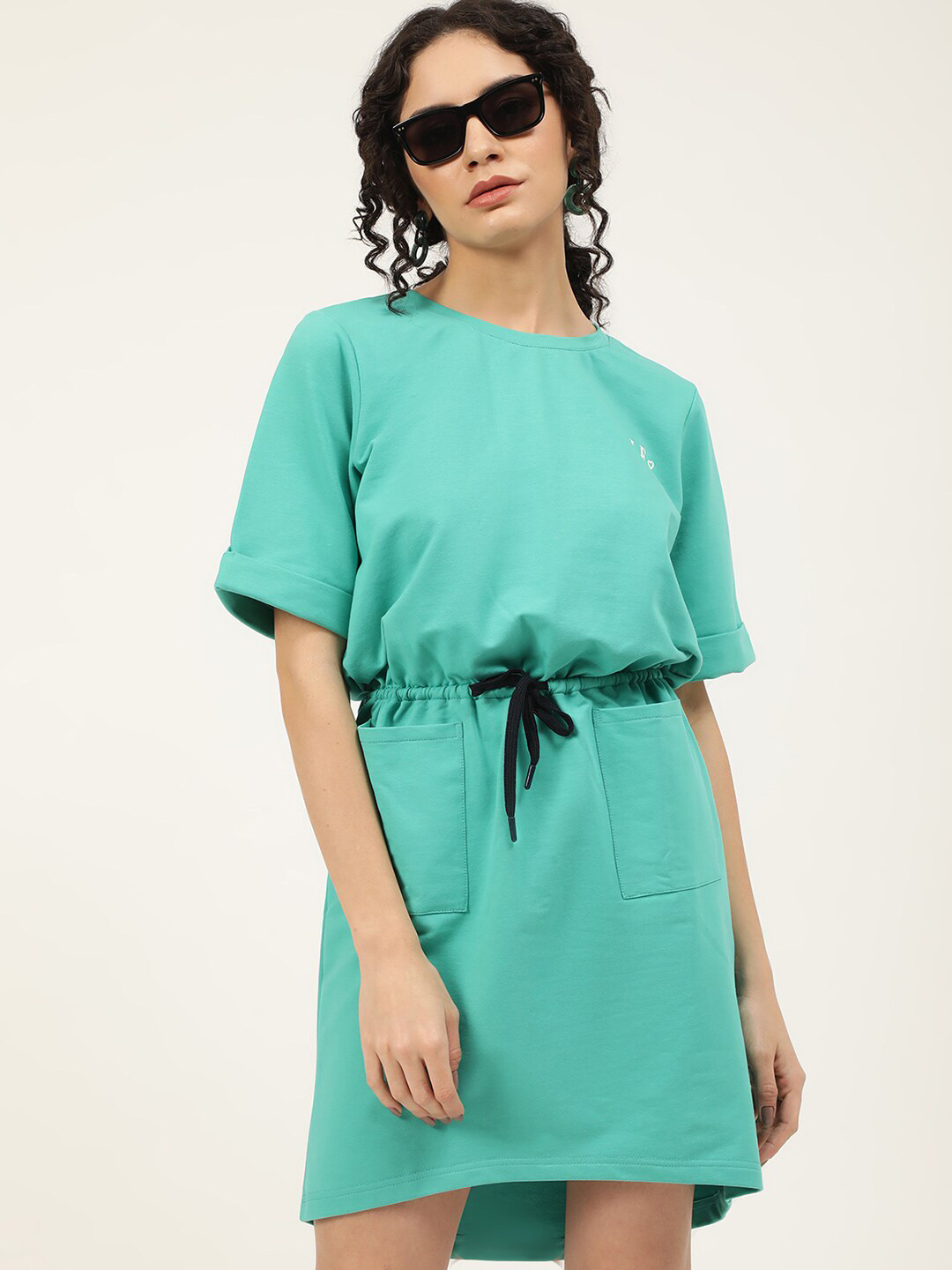 ELLE Teal Turquoise Blue Solid Cinched Waisted T-shirt Dress