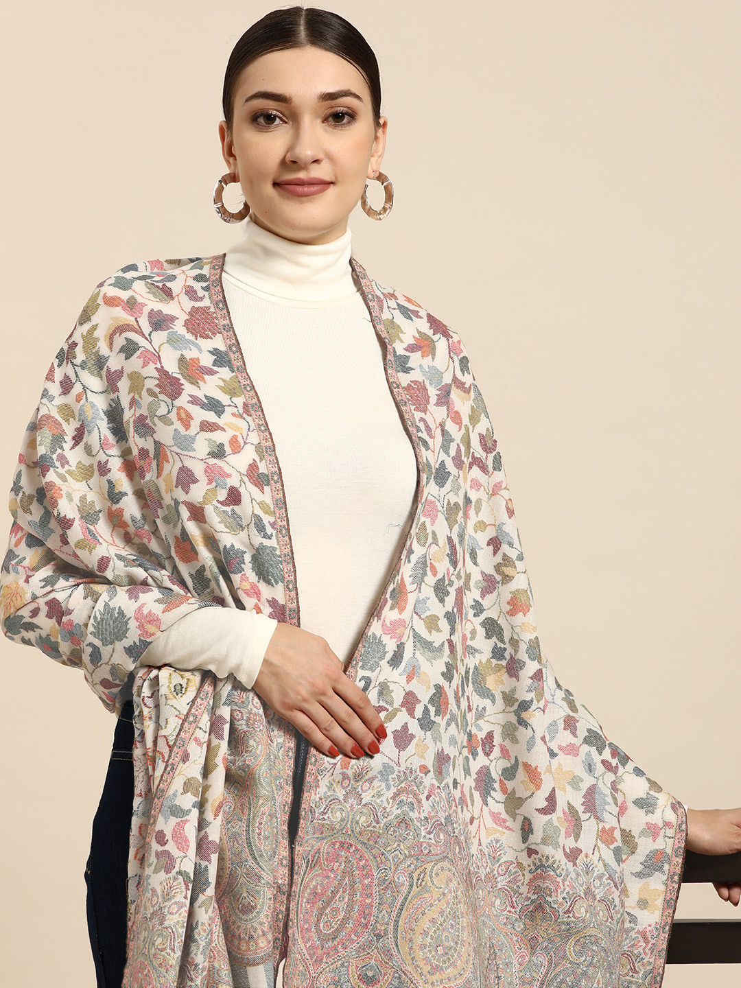 Sangria Women White Woollen Kashmiri Kaani Weave Shawl