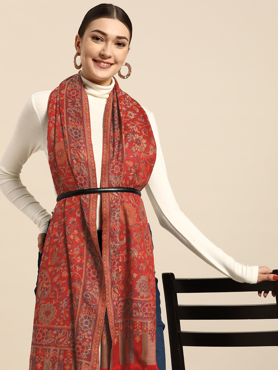 Sangria Women Red Woollen Kashmiri Ethnic Jaal Shawl