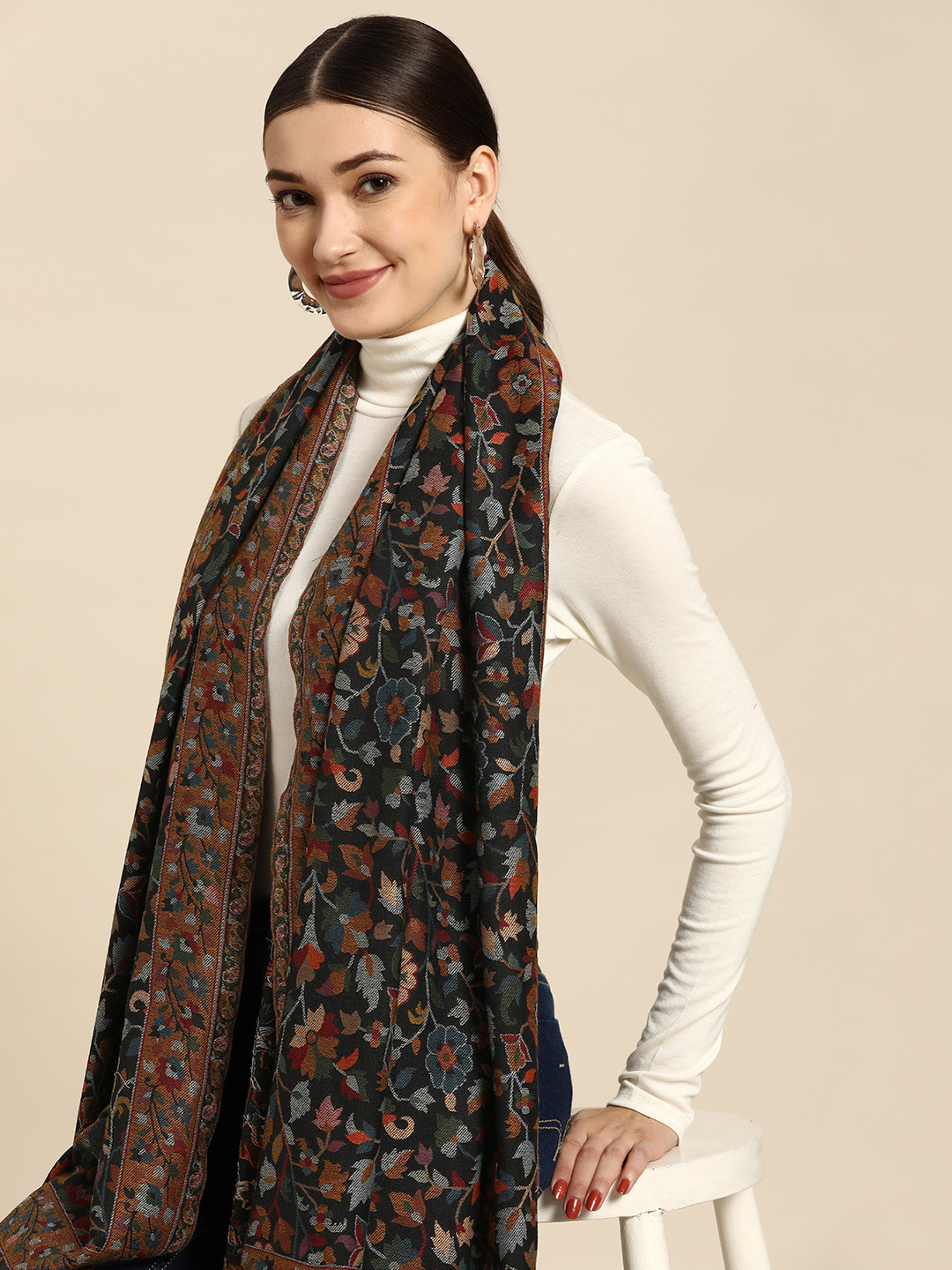 Sangria Women Black Woollen Kashmiri Kaani Weave Shawl