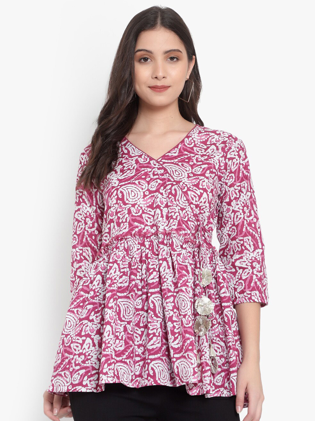 Indietoga Women Plus Size Pink Hand Block Printed Pure Cotton Tunic
