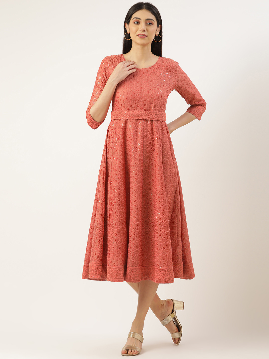 SWAGG INDIA Woman Ethnic Motifs Embroidered Ethnic Midi Dress