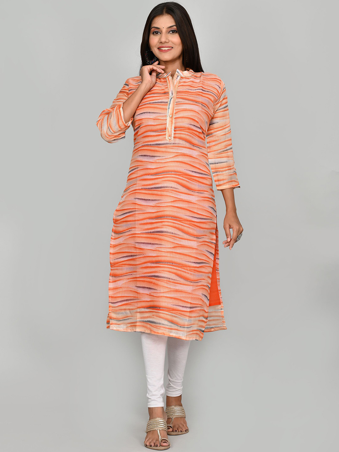 Kesarya Women Orange Printed Khadi Kurta