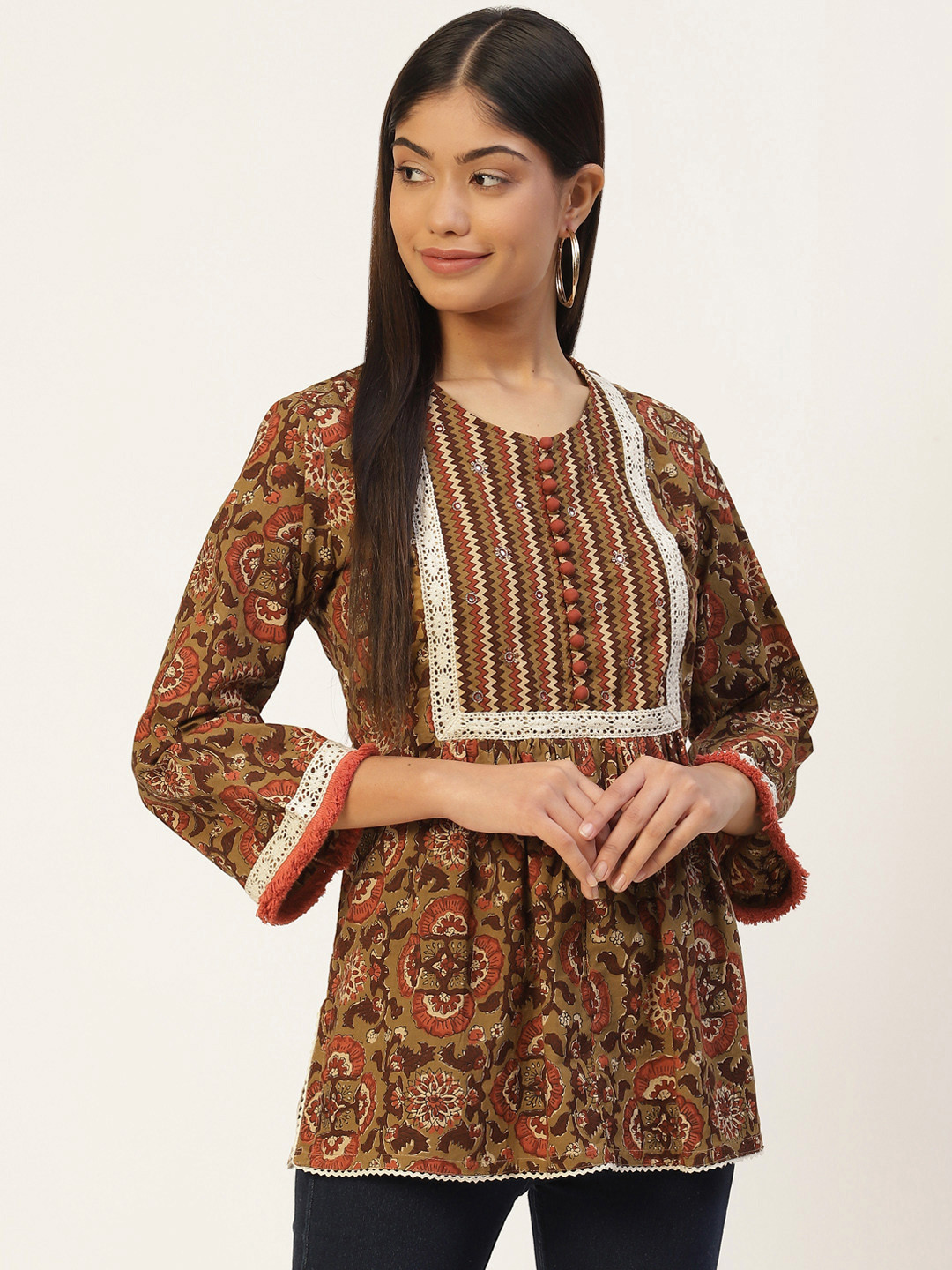 Jaipur Morni Women Mustard Yellow & Brown Pure Cotton Block Print A-Line Top