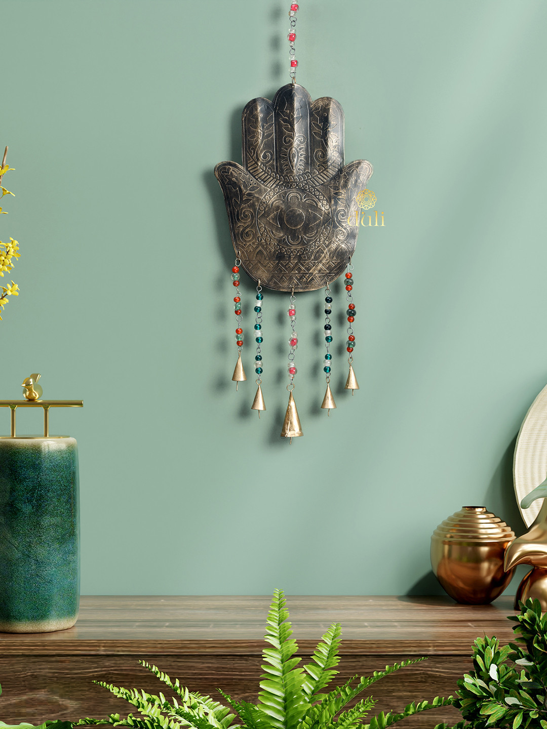 DULI Metallic-Toned Hamsa Design Metal Windchime