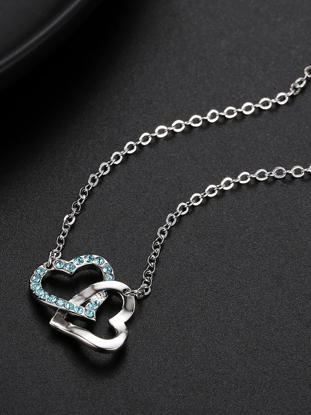 Jewels Galaxy Rhodium-Plated & Blue CZ Studded Heart Pendant With Chain