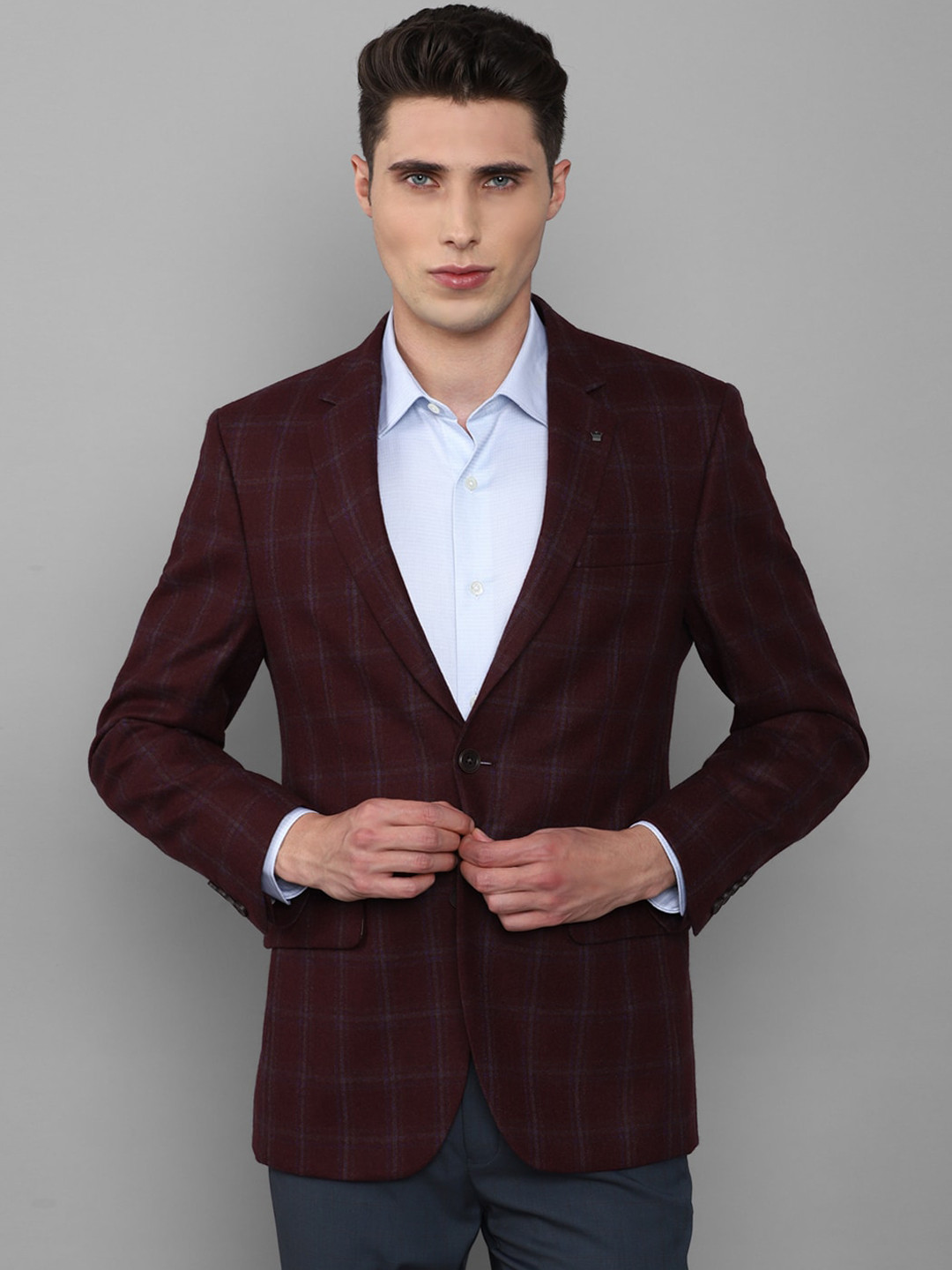 Louis Philippe Men Maroon Checked Regular-Fit Single-Breasted Pure Woolen Blazer