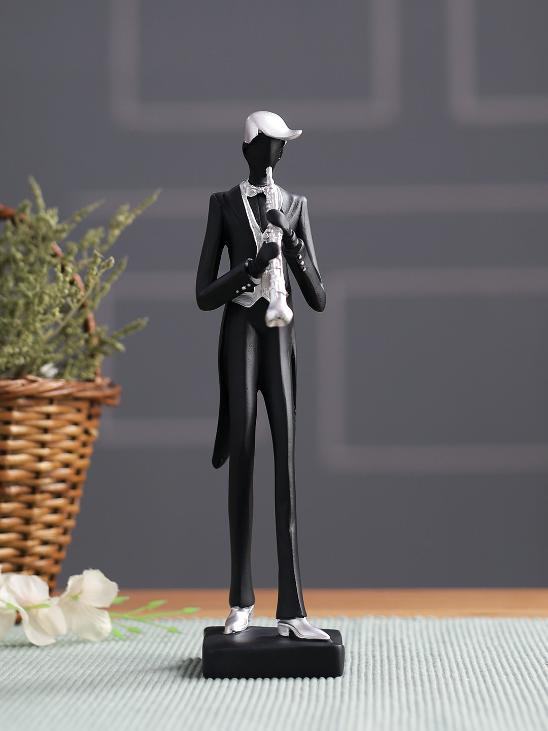 TAYHAA Playing Trumpet Musician Black Resin Glossy Living Room Music Medium Showpiece - 9.8 Inches