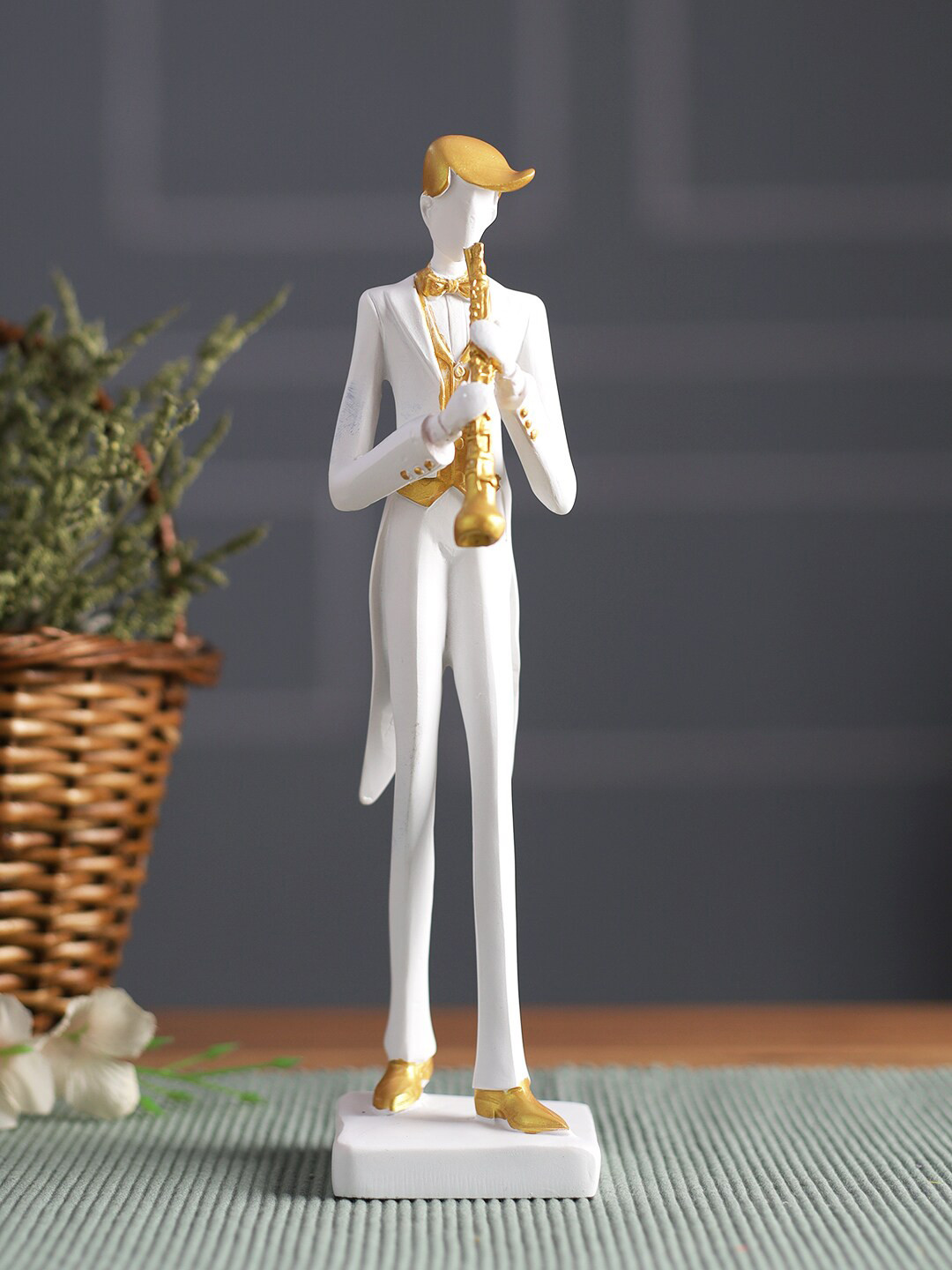 TAYHAA Playing Trumpet Musician White Resin Metallic Living Room Music Medium Showpiece - 9.8 Inches