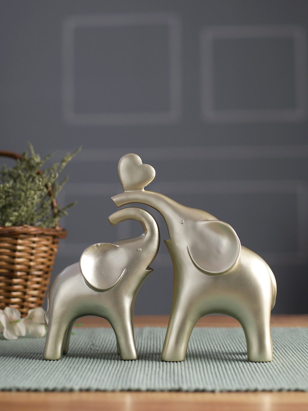 TAYHAA Elephant Spreading Love Gold Resin Natural Living Room Set of 2 Small Showpieces - 8.1 Inches
