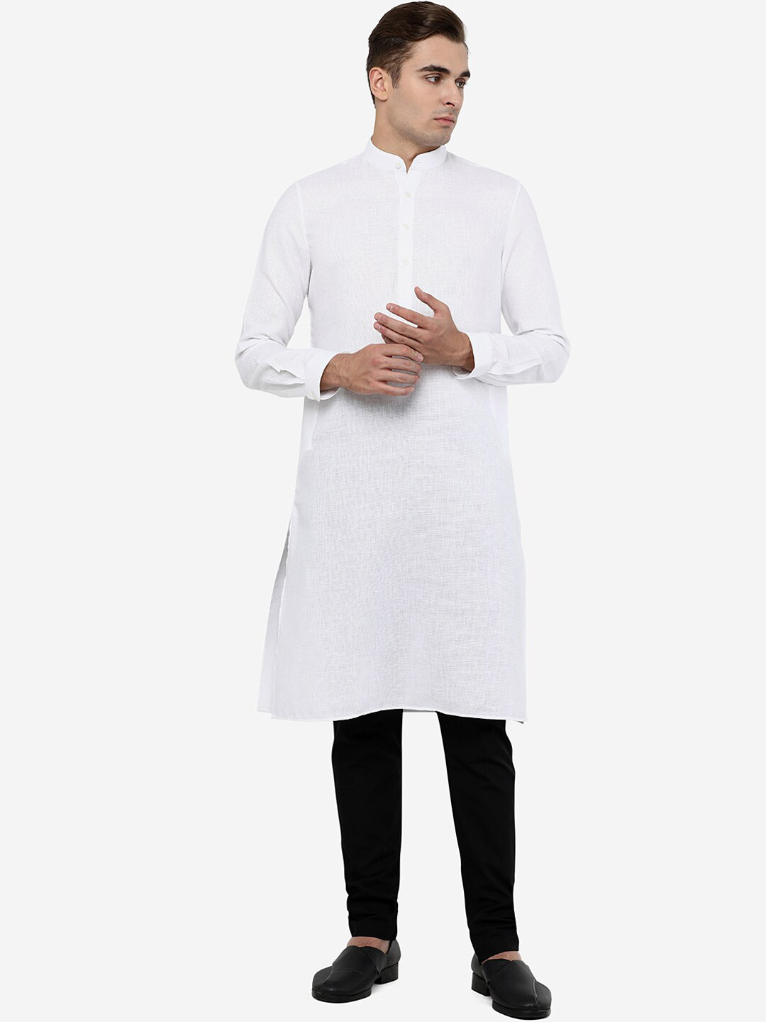JADE BLUE Men White Textured Cotton Straight Kurta