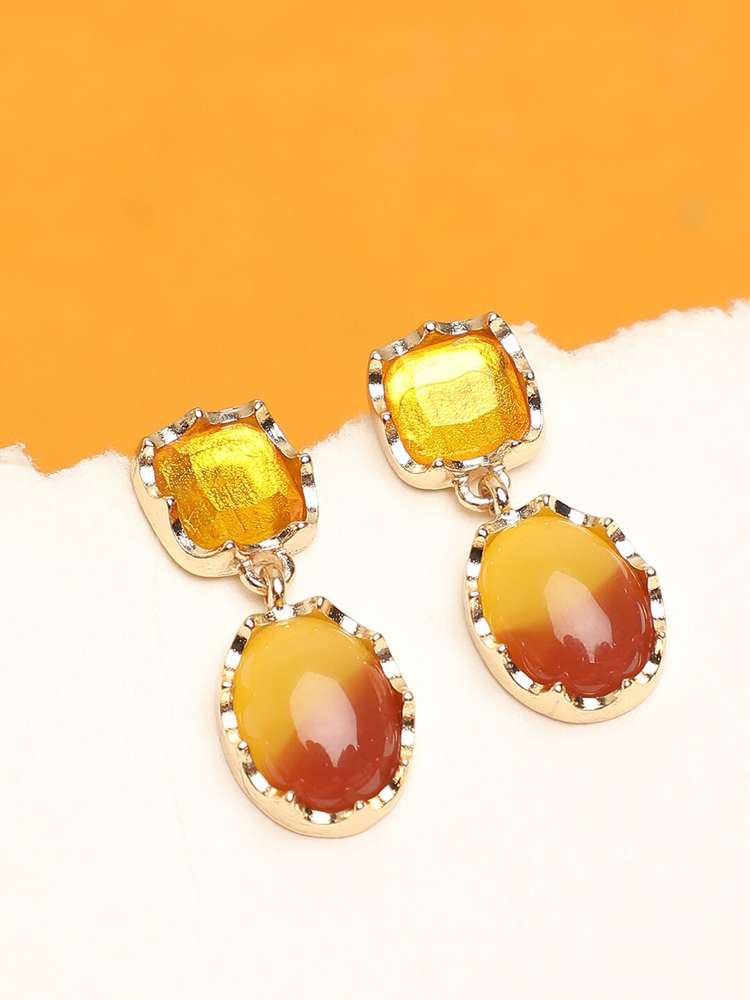 SOHI Mustard & Maroon Gold Plated Contemporary Drop Earrings