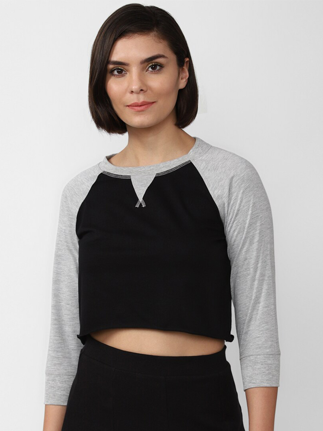FOREVER 21 Women Black & Grey Colourblocked Cotton Crop Top