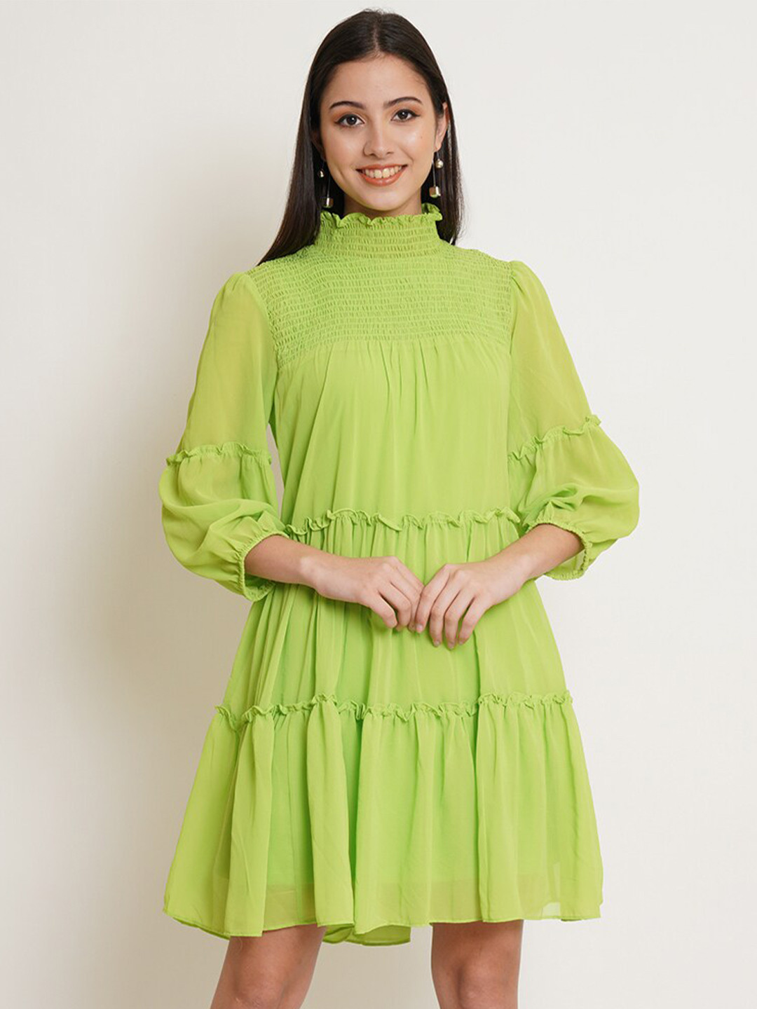 IX IMPRESSION Lime Green Solid A-Line Dress
