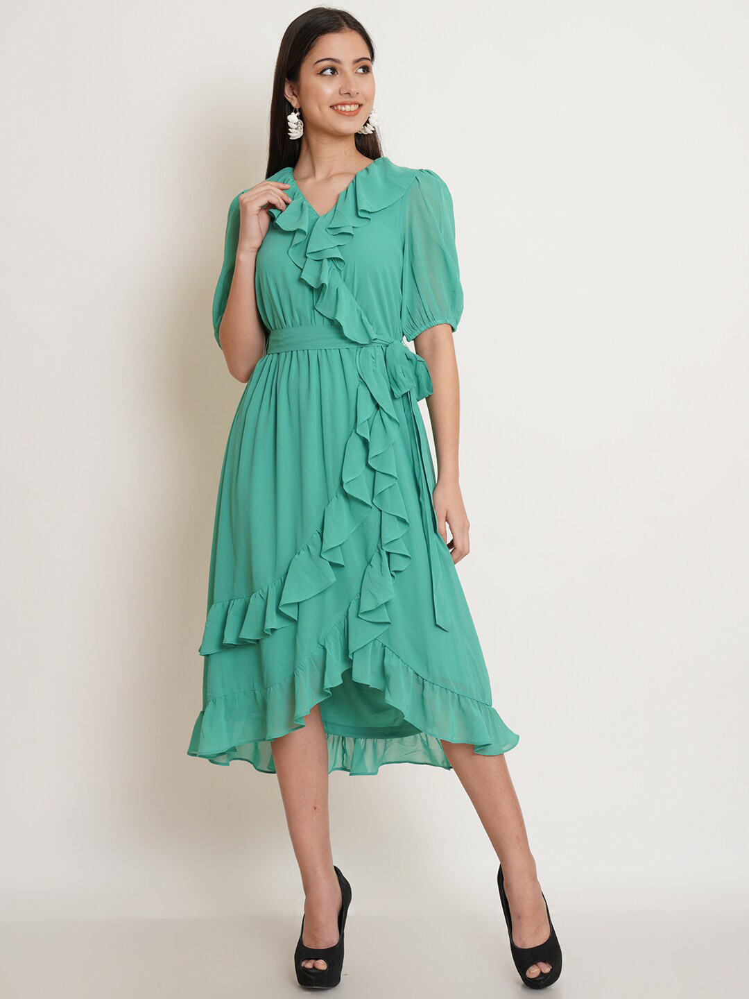 IX IMPRESSION Green Solid Ruffle Wrap Dress