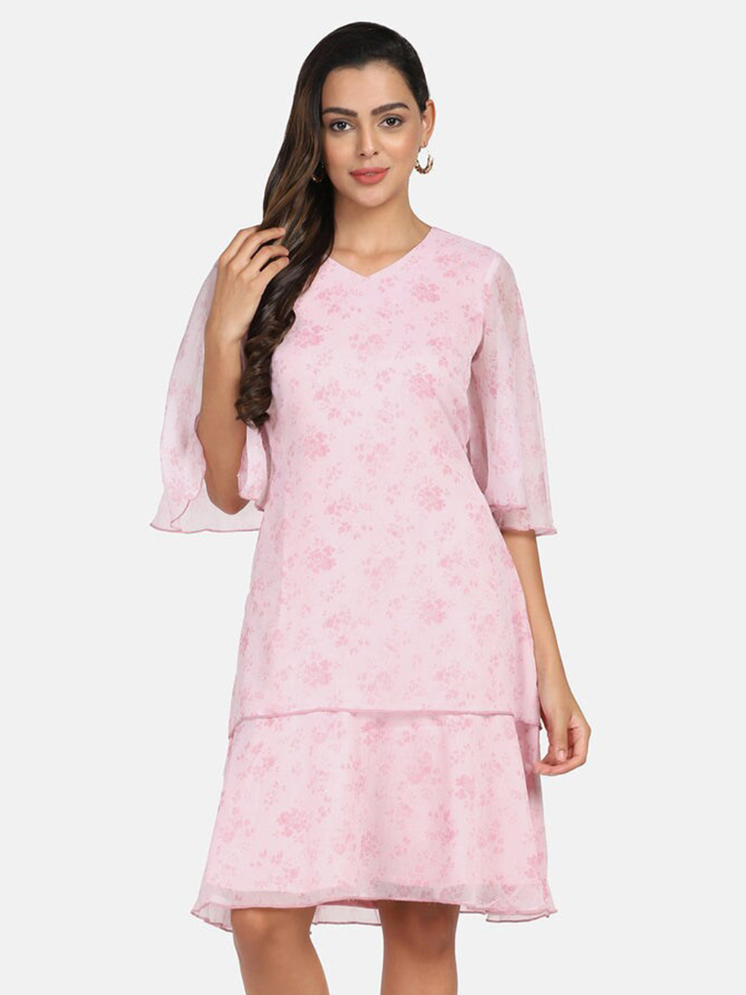 PowerSutra Women Pink Floral Printed Chiffon A-Line Dress