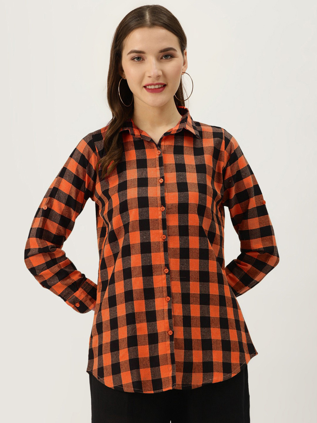 Vastraa Fusion Women Orange Comfort Buffalo Checks Checked Casual Shirt