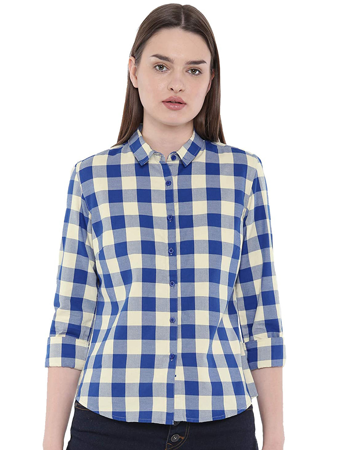 Vastraa Fusion Women Blue Comfort Gingham Checked Cotton Casual Shirt