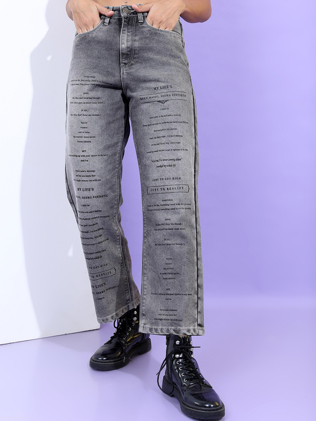 Tokyo Talkies Women Grey Wide Leg Highly Distressed Heavy Fade Jeans