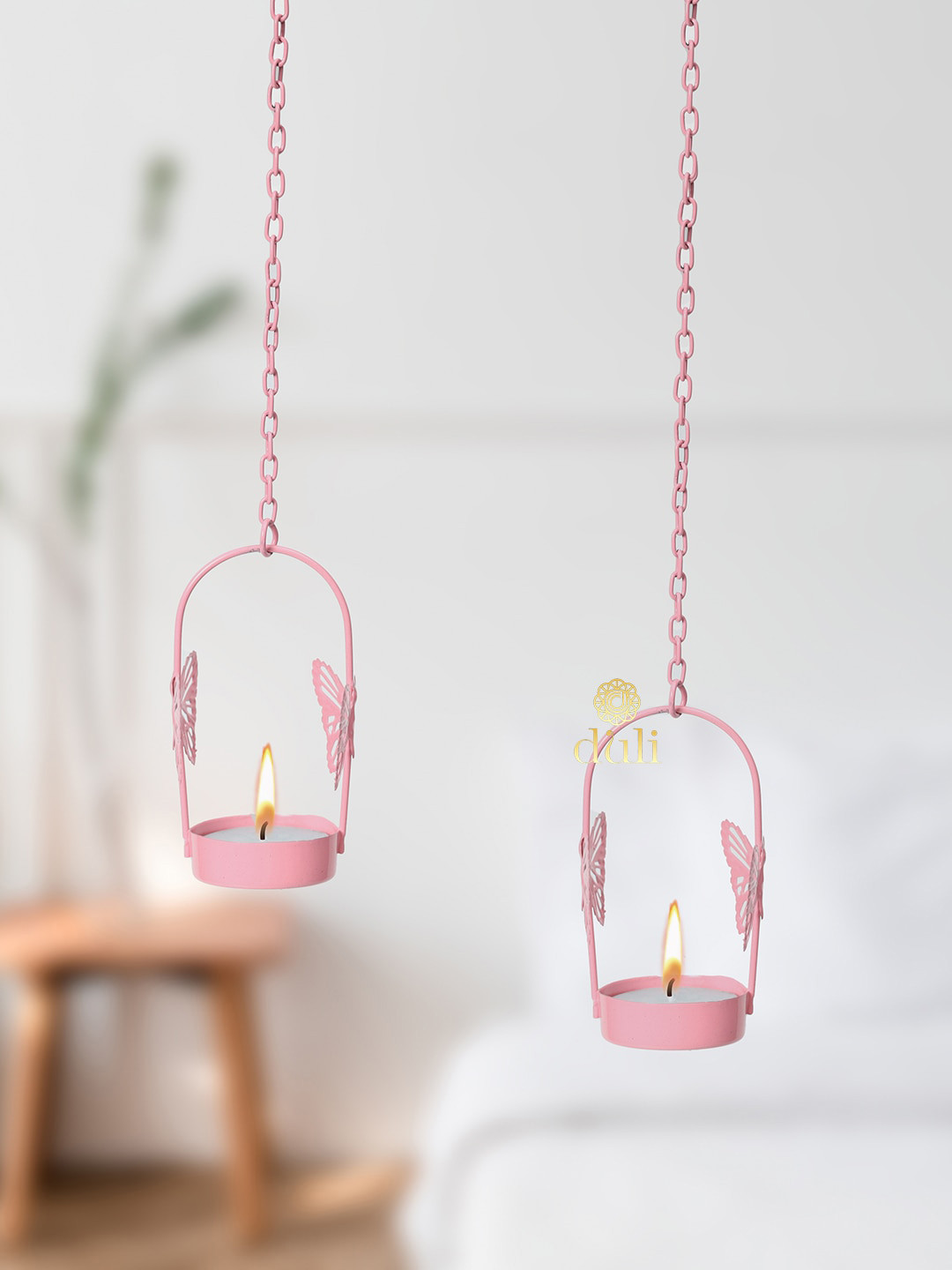 DULI Set Of 4 Pink Butterfly Tealight Holder With Chain