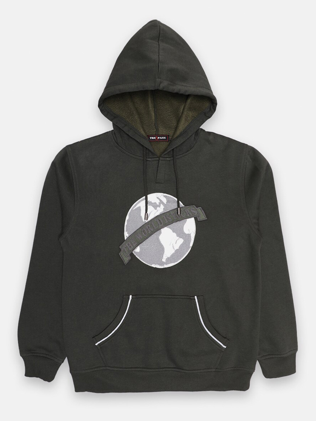 TREPASS Boys Olive Green Self Design Hooded Sweatshirt