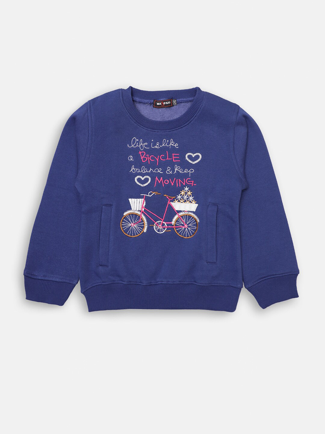 TRE&PASS Girls Blue Winter Self-Design Sweatshirt