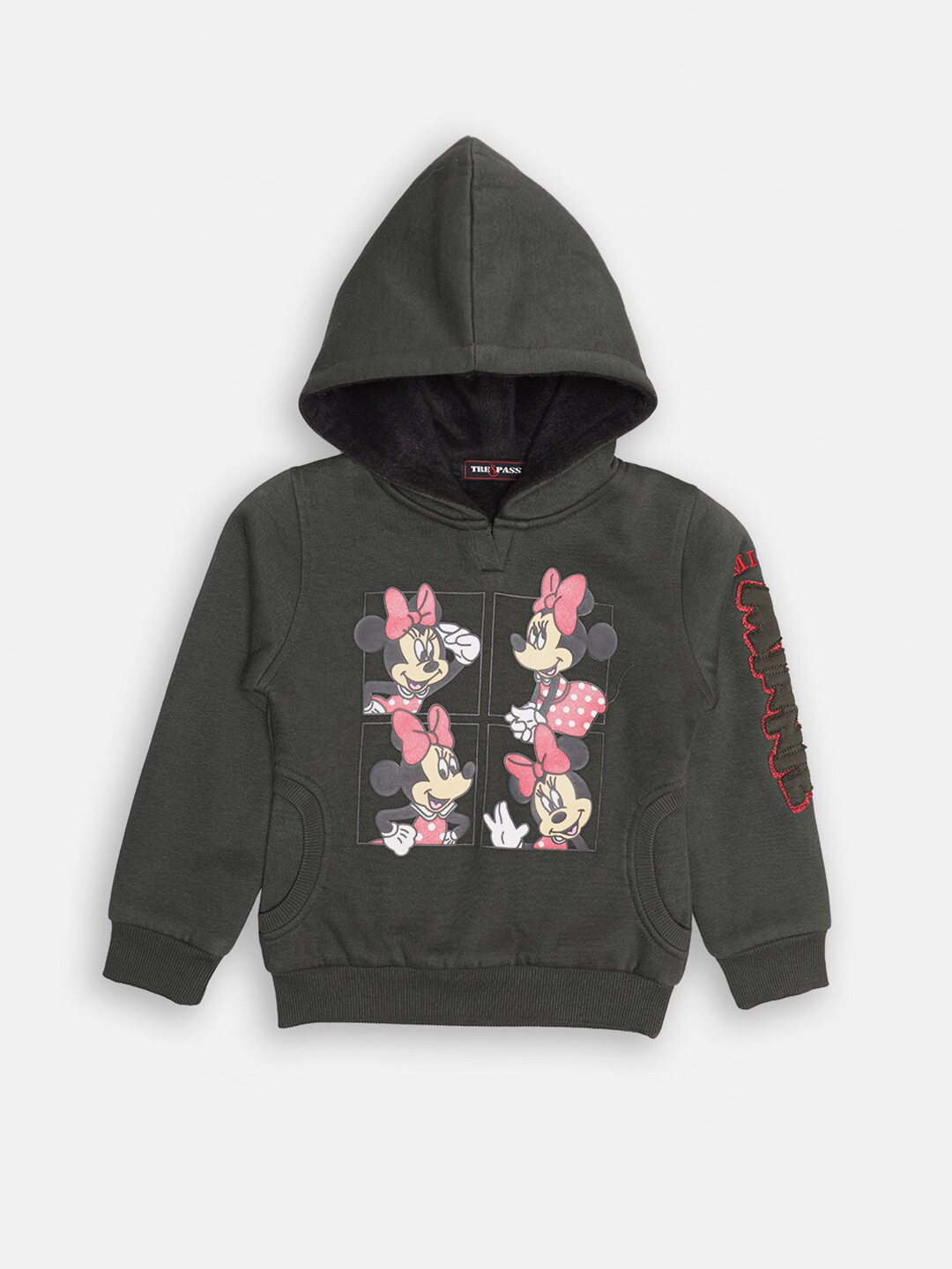 TRE&PASS Girls Olive Green Minnie Mouse Printed Cotton Sweatshirt