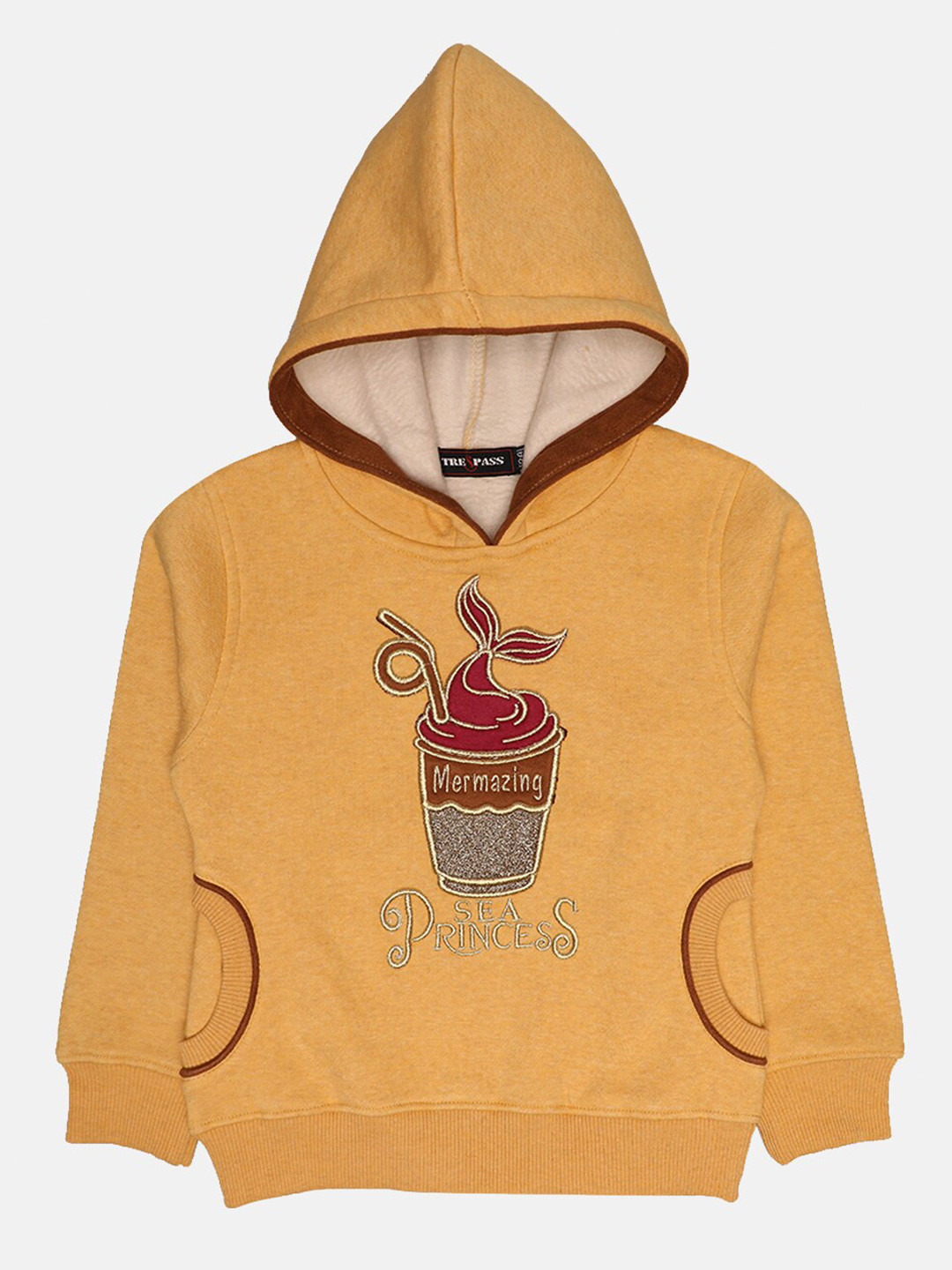 TRE&PASS Girls Yellow Self-Design Winter Hooded Sweatshirt