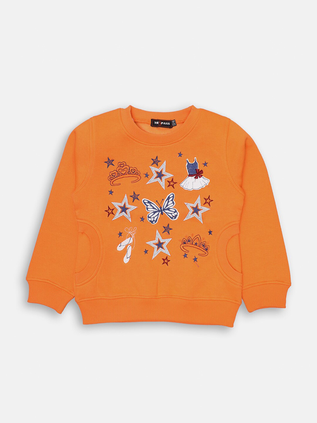 TRE&PASS Girls Orange Winter Self-Design Sweatshirt