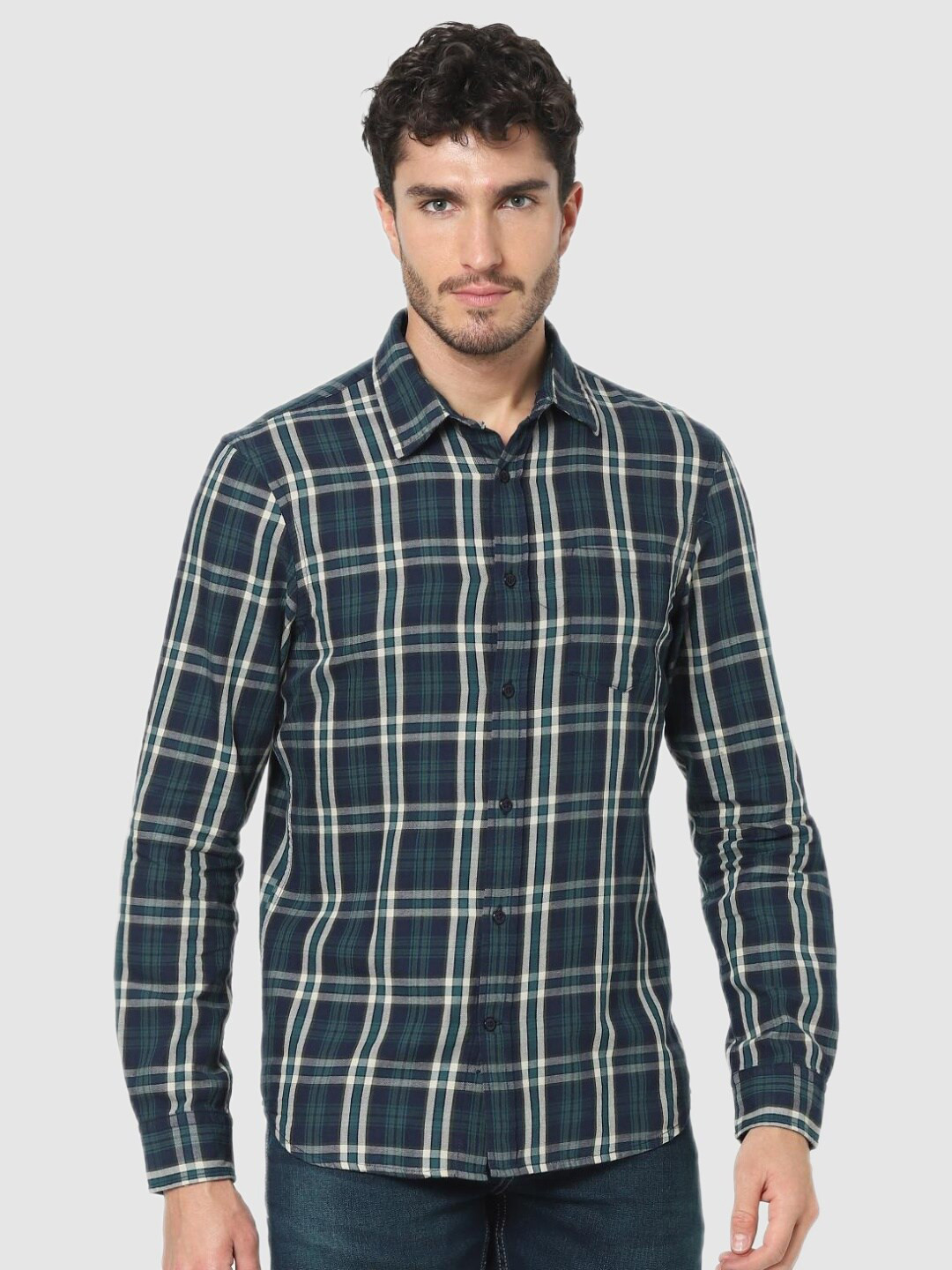 Celio Men Teal Classic Tartan Checks Checked Casual Shirt