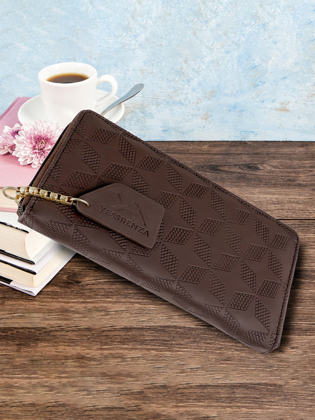 YESSBENZA Women Brown & Gold-Toned Woven Design Quilted Zip Around Wallet with Passport Holder