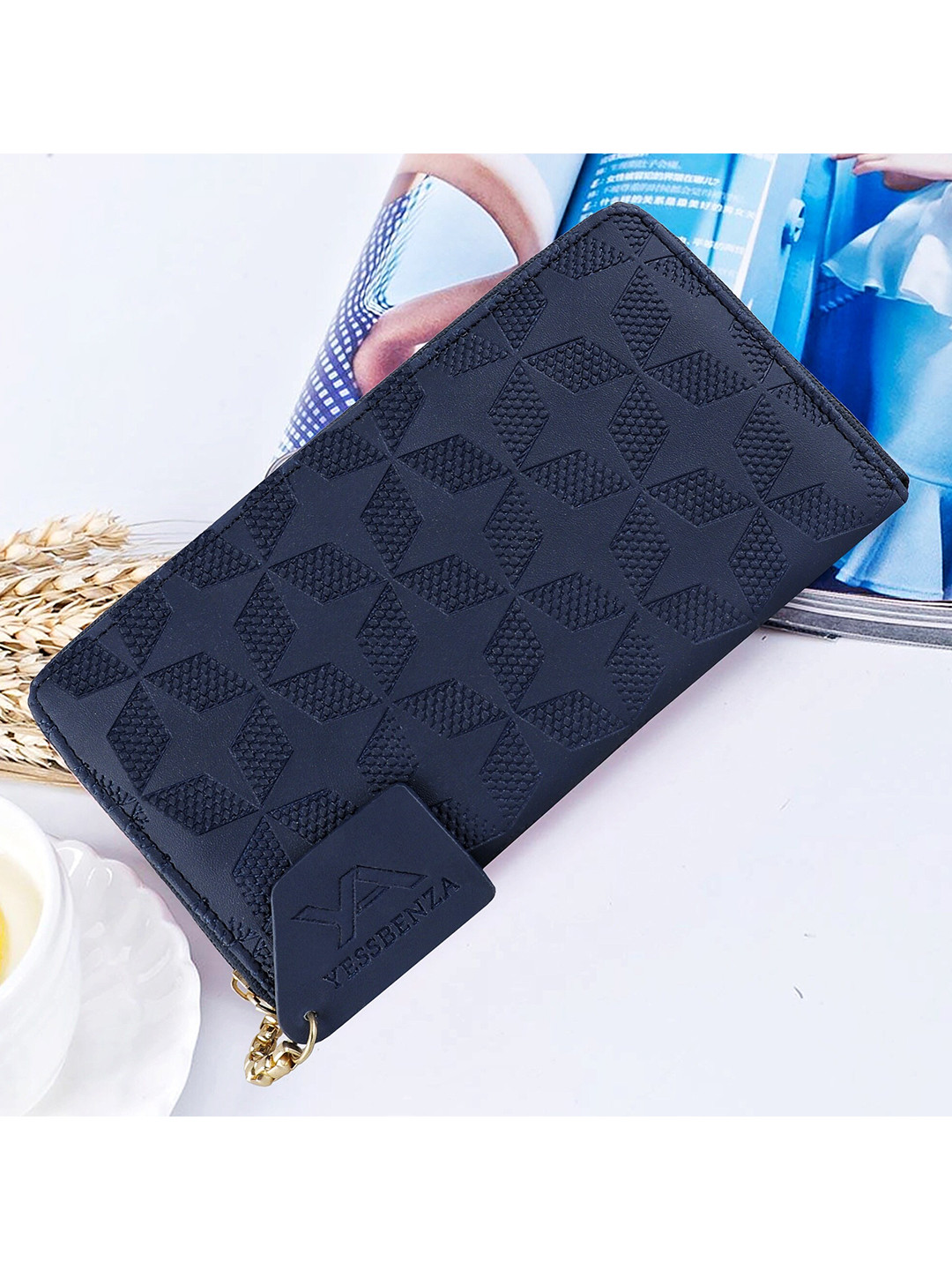 YESSBENZA Women Blue & Gold-Toned Woven Design Quilted Zip Around Wallet with Passport Holder