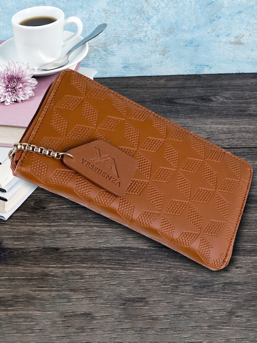 YESSBENZA Women Tan & Gold-Toned Woven Design Wallet with Passport Holder