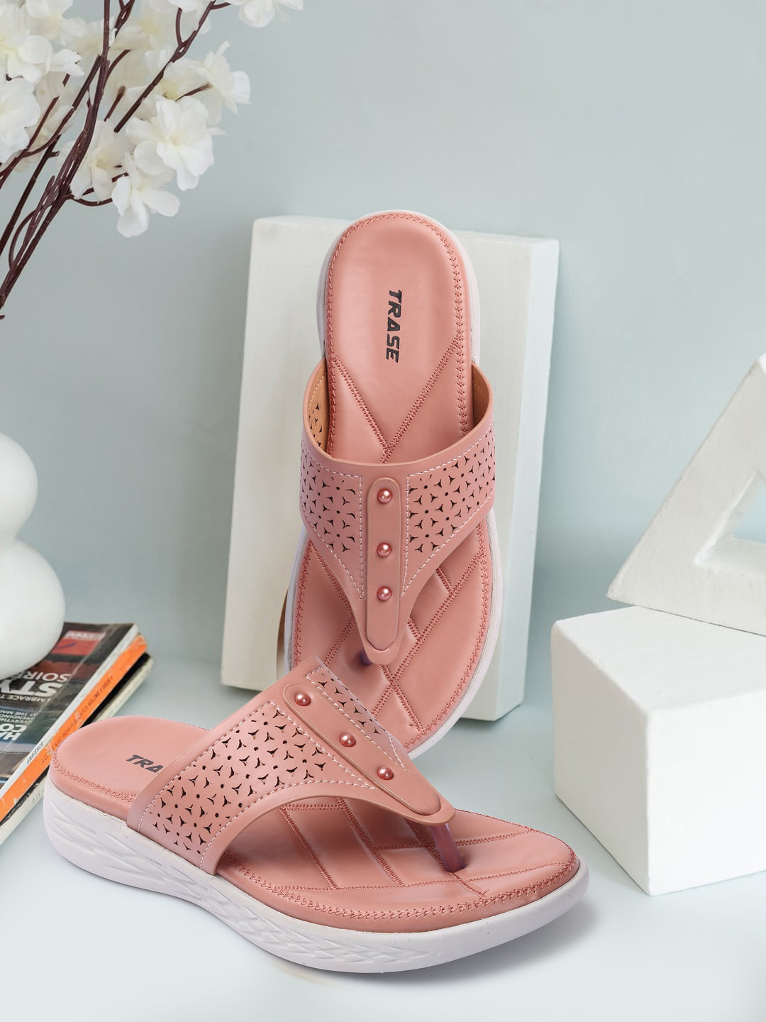 TRASE Women Peach-Coloured T-Strap Flats with Laser Cuts