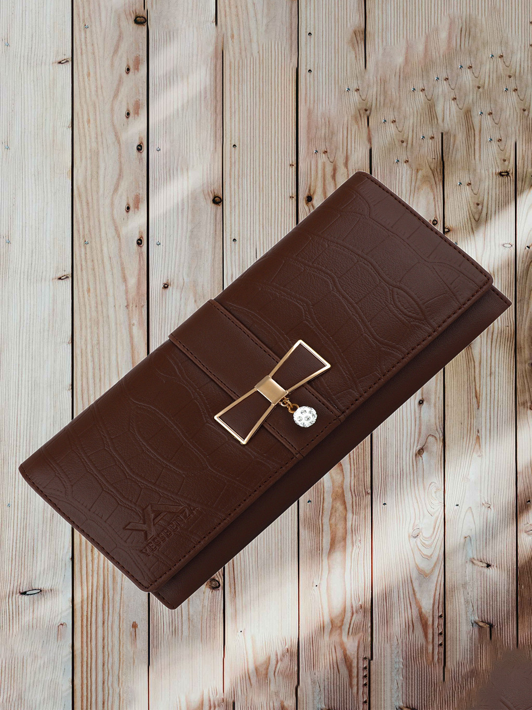 YESSBENZA Women Brown & Gold-Toned Bow Detail Two Fold Wallet with Passport Holder